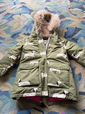 Mini Boden Olive Green wiener dog winter Jacket size 6-7